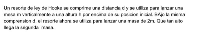 Un resorte de ley de Hooke se comprime una distancia d y se utiliza para lanzar una mesa \( m \) verticalmente a una altura \