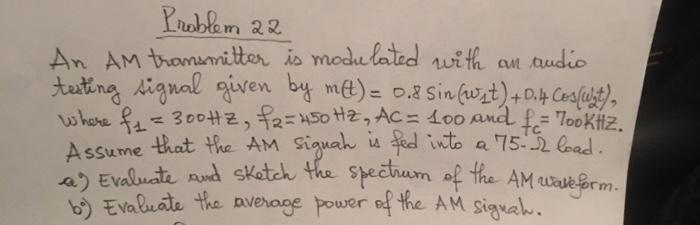 Solved Problem 22 An AM transmitter is modulated with an | Chegg.com