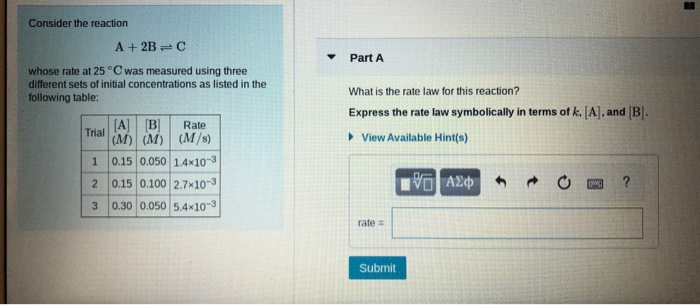 Solved Consider the reaction A + 2B=C Part A whose rate at | Chegg.com