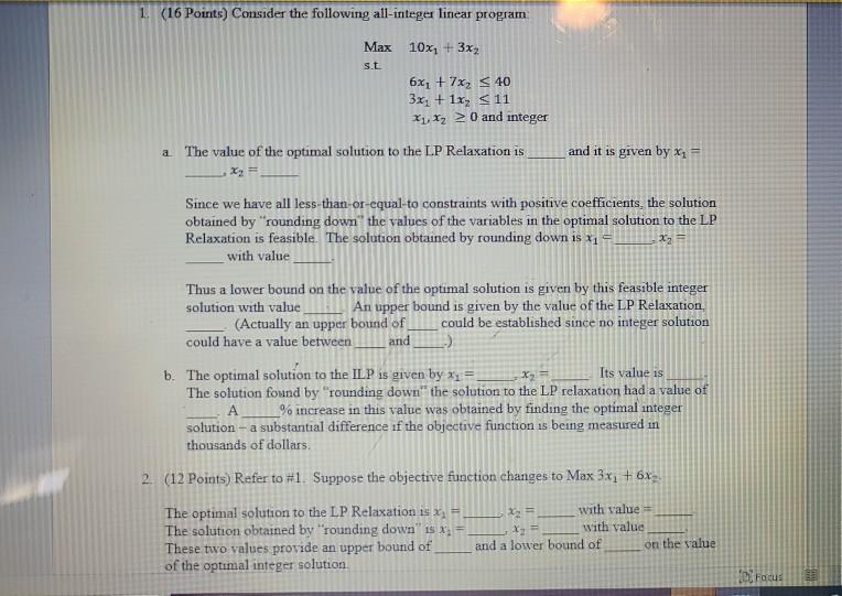 Solved 1. (16 Points) Consider the following all-integer | Chegg.com