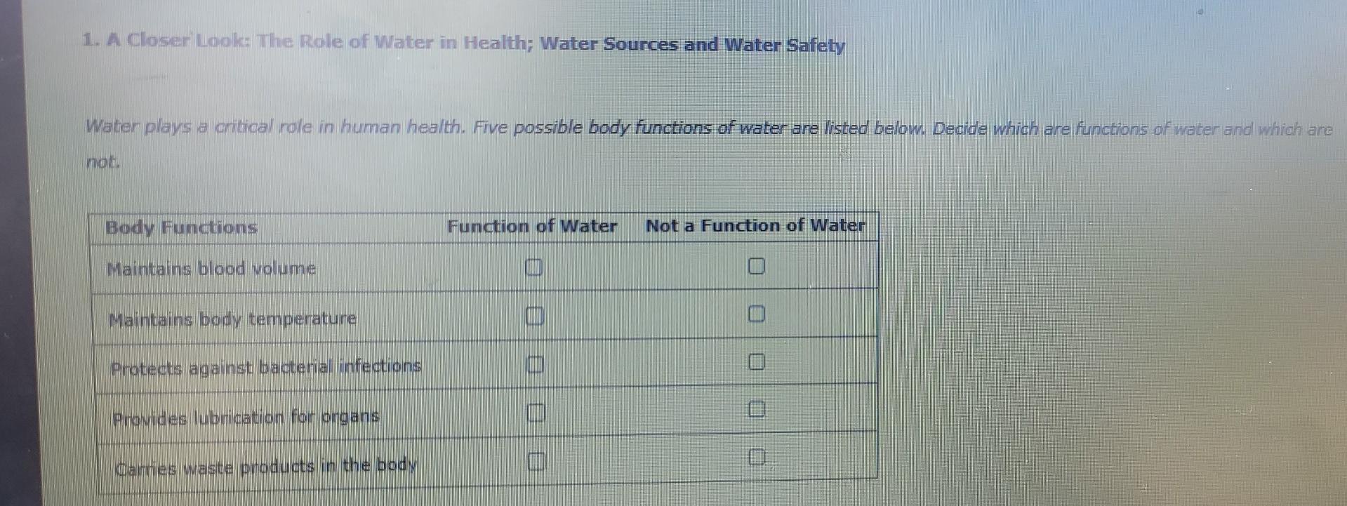 Solved 1. A Closer Look: The Role of Water in Health; Water