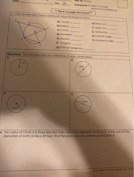 Solved 10: Circles Date: Per a Homework 1: Parts of Circles: | Chegg.com