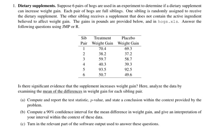 Solved 1. Dietary Supplements. Suppose 6 Pairs Of Hogs Are 