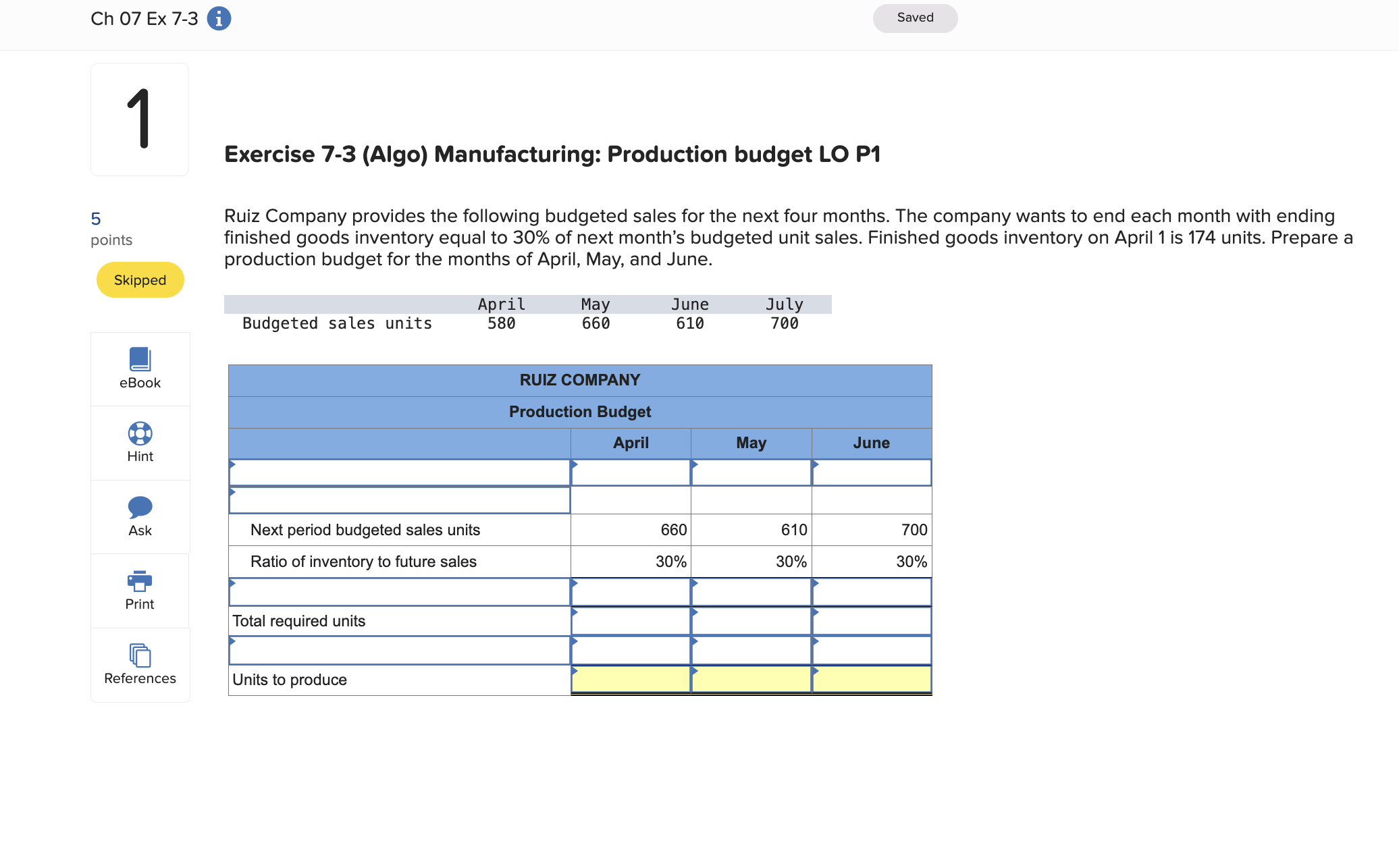 Manufacturing Math Unit 70 Solved Ch 07 Ex 7-3 i1Exercise 7-3 (Algo) Manufacturing: | Chegg.com
