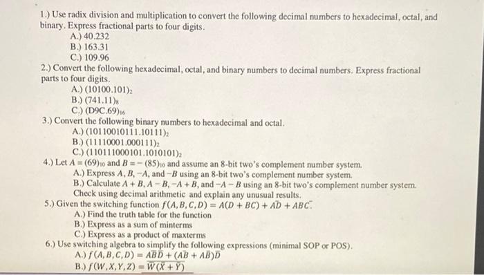 Solved 1.) Use radix division and multiplication to convert | Chegg.com