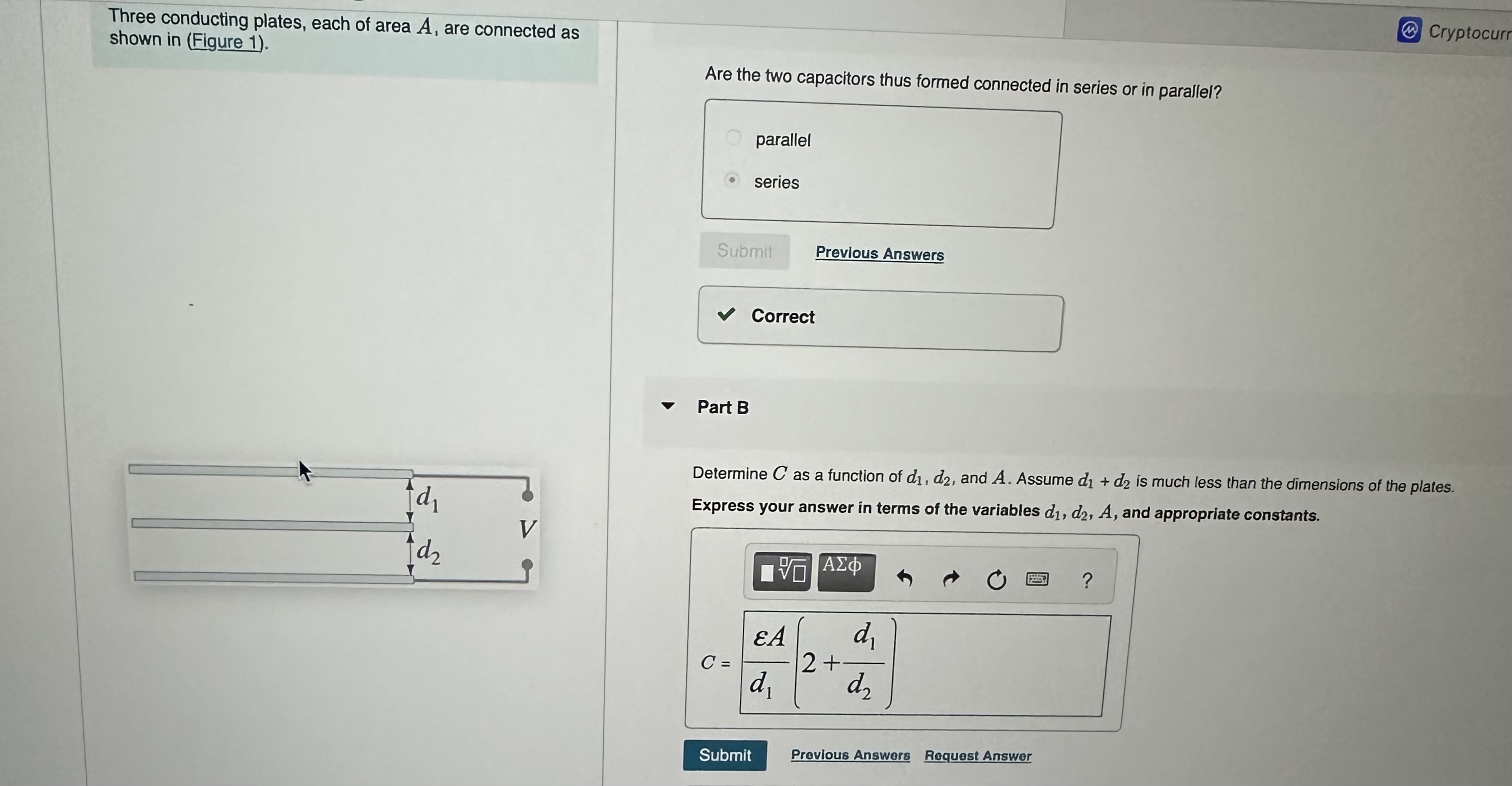 Solved Three conducting plates, each of area A, ﻿are | Chegg.com