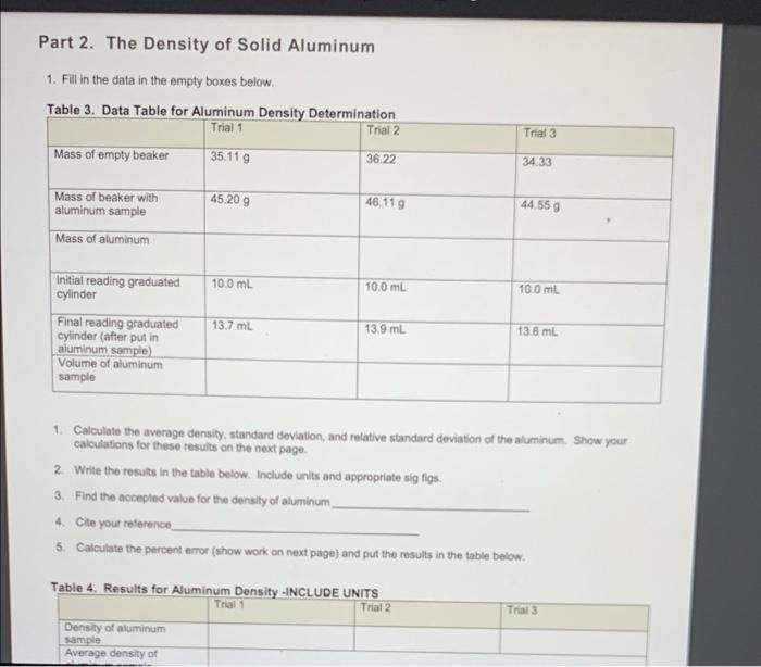 Solved Part 2. The Density of Solid Aluminum 1. Fill in the