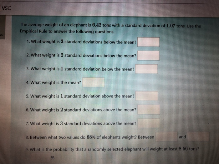 Solved VSC The average weight of an elephant is 6.42 tons | Chegg.com