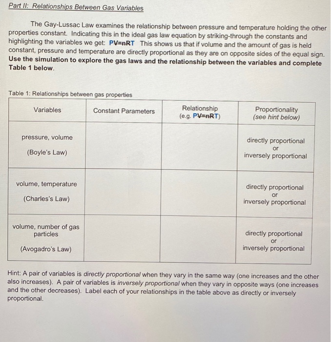 Solved Part II: Relationships Between Gas Variables The | Chegg.com