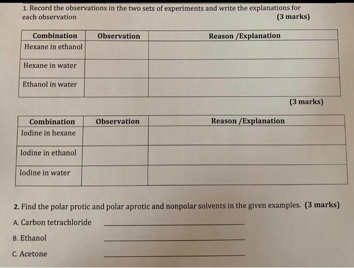 Solved 1. Record the observations in the two sets of | Chegg.com