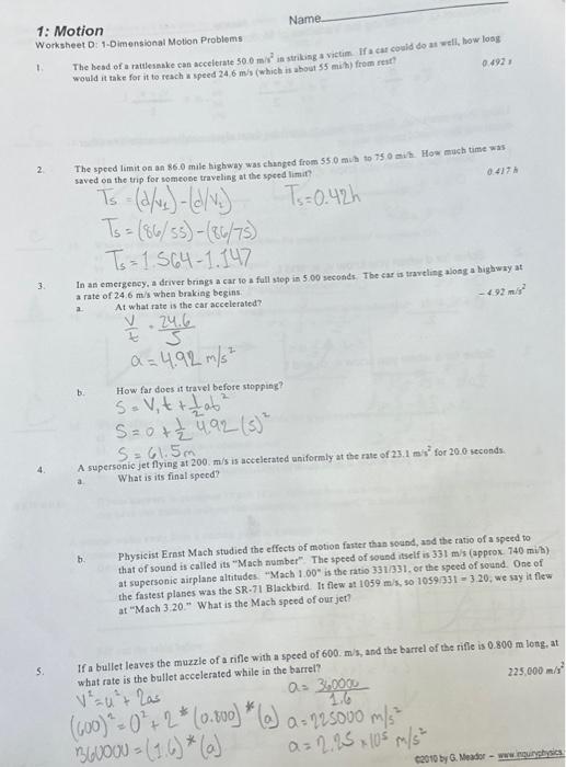 Solved 1 Motion Worksheet D 1Dimensional Motion Problems