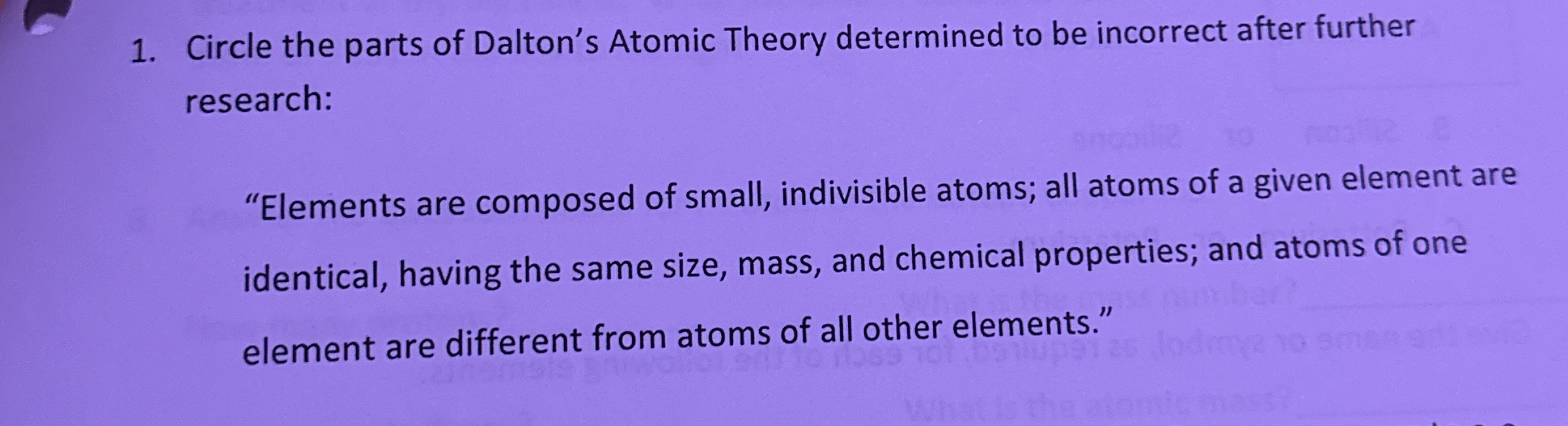 Solved Circle the parts of Dalton's Atomic Theory determined