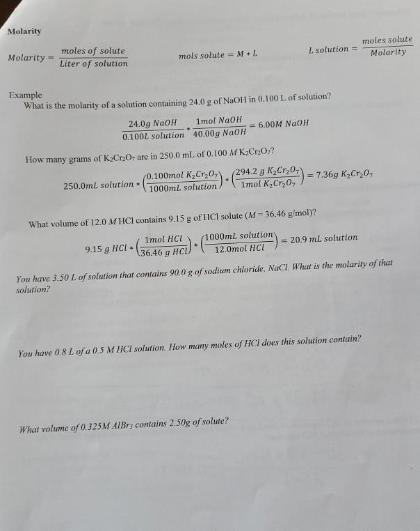 Solved Molarity L solution = moles solute Molarity moles of | Chegg.com