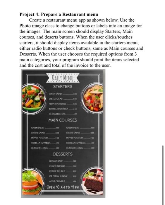 Project 4: Prepare a Restaurant menu Create a | Chegg.com