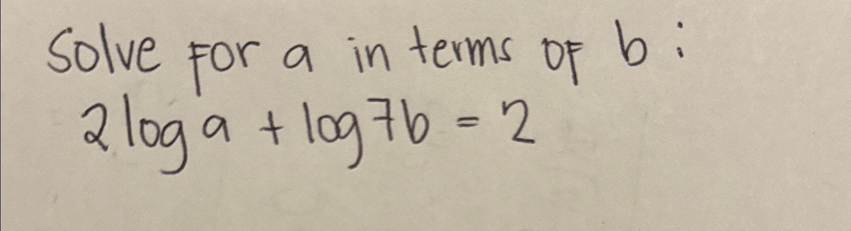 Solved Solve for a ﻿in terms of b ﻿:2loga+log7b=2 | Chegg.com