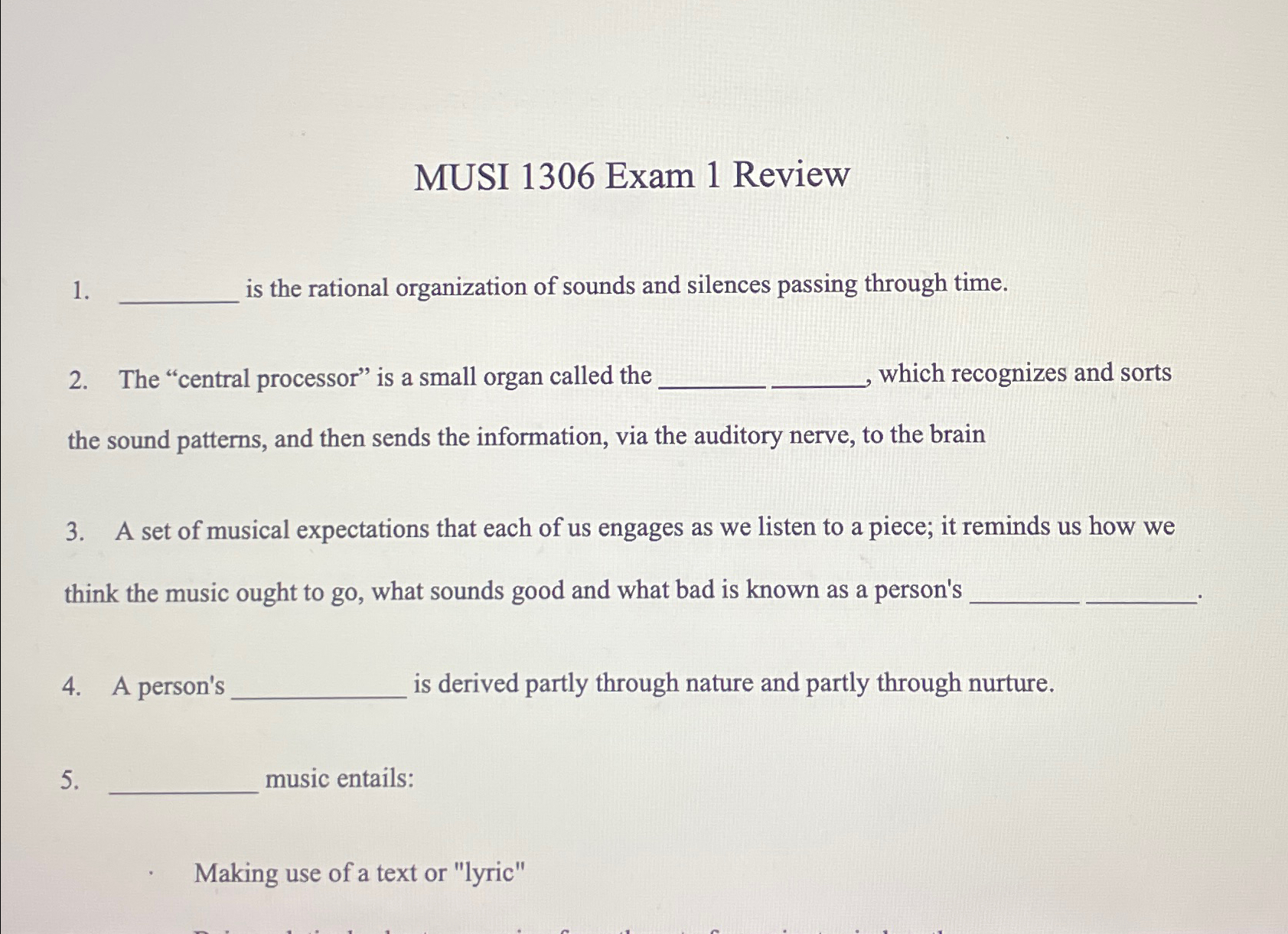 Solved MUSI 1306 ﻿Exam 1 ﻿Reviewis the rational organization | Chegg.com