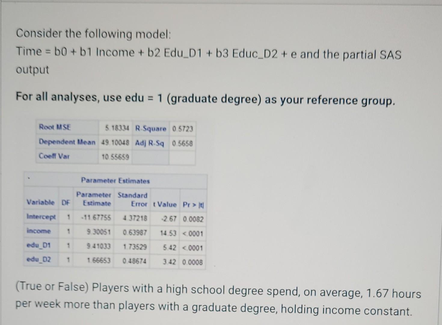 Solved Consider The Following Model: Time = B0 + B1 Income + | Chegg.com