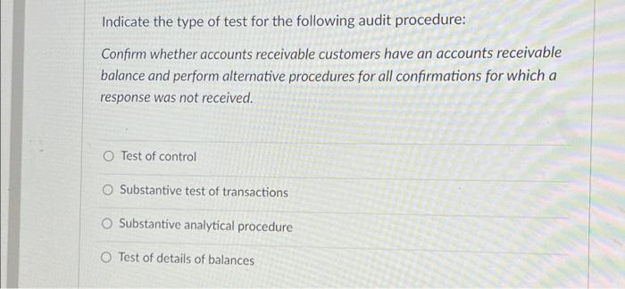 Solved Indicate the type of test for the following audit | Chegg.com