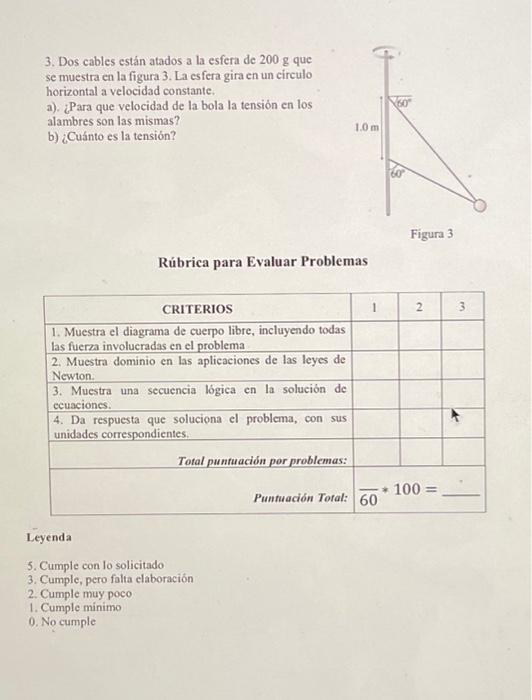 3. Dos cables están atados a la esfera de \( 200 \mathrm{~g} \) que se muestra en la figura 3. La esfere gira en un circulo h