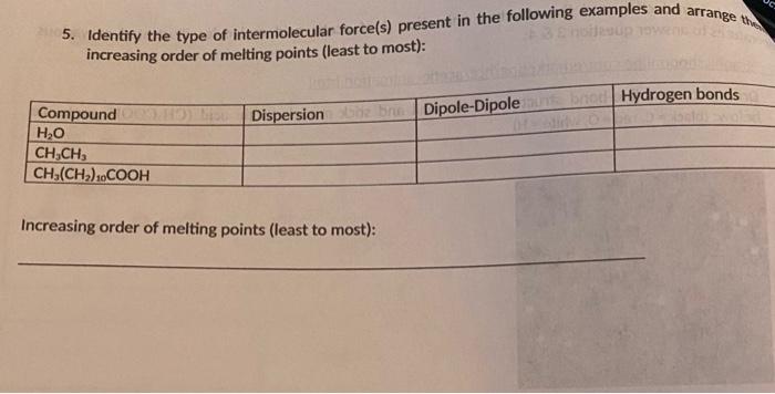 5. Identify the type of intermolecular force(s) present in the following examples and arrange the increasing order of melting