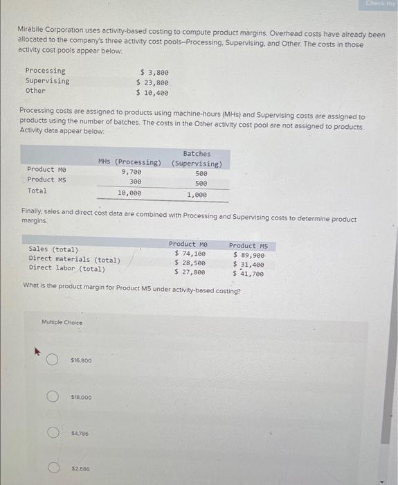 Solved Mirabile Corporation uses activitybased costing to