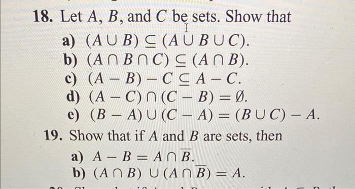 Solved 18. Let A,B, and C be sets. Show that a) | Chegg.com