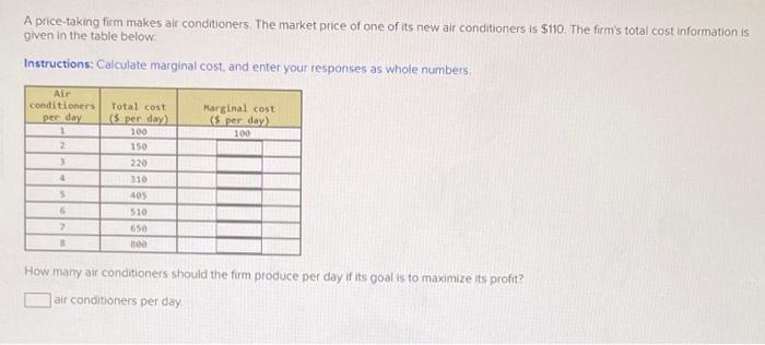 A price-taking firm makes air conditioners. The market price of one of its new air conditioners is \( \$ 110 \). The firms t