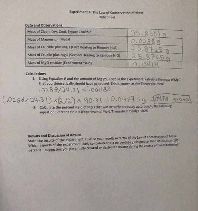Solved Experiment 4: The Law of Conservation of Mass Data | Chegg.com