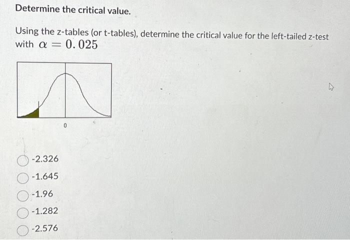 Determine the critical value.
Using the \( z \)-tables (or \( t \)-tables), determine the critical value for the left-tailed