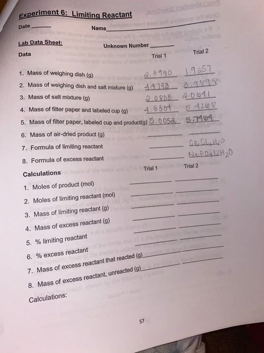 Experiment 6: Limiting Reactant Date Name Lab Data | Chegg.com
