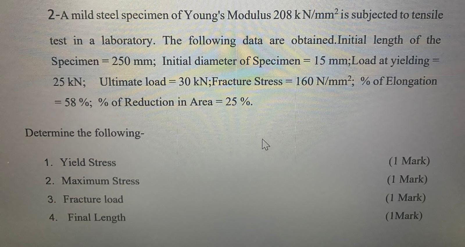 Solved 2A mild steel specimen of Young's Modulus 208kN/mm2