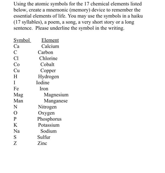 Mnemonic Device In Chemistry
