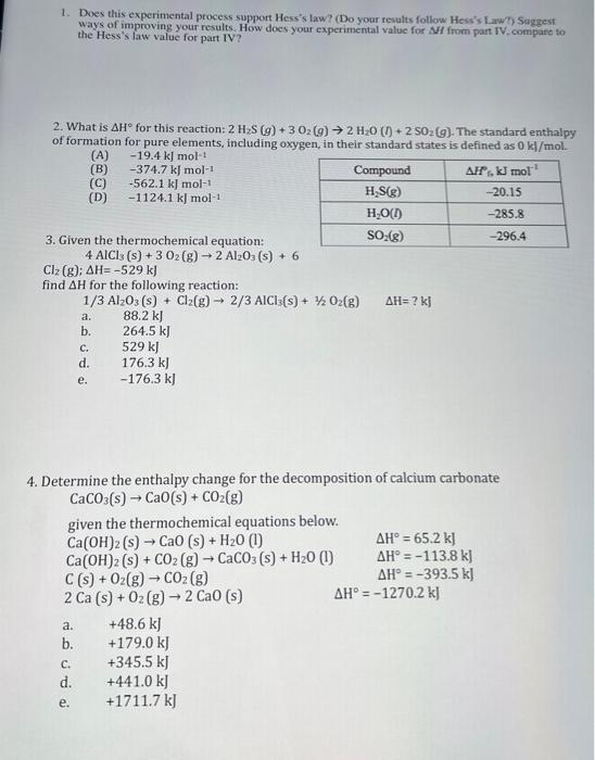 Solved 1. Does this experimental process support Hess's law?