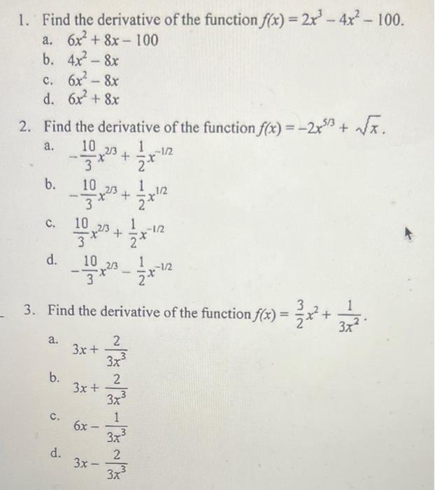 Solved 1. Find the derivative of the function | Chegg.com