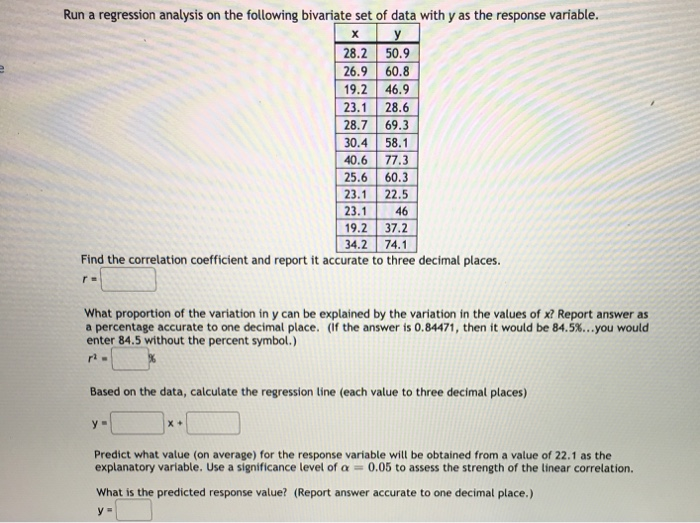 Solved х Run a regression analysis on the following | Chegg.com