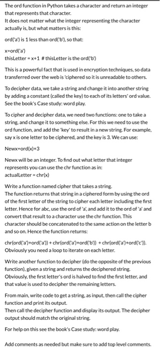 Solved The ord function in Python takes a character and | Chegg.com