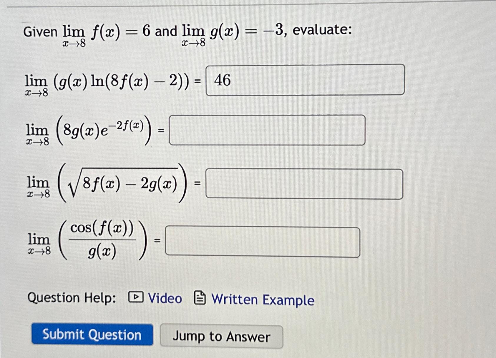 1685px x 1218px - Solved Given limxâ†’8f(x)=6 ï»¿and limxâ†’8g(x)=-3, | Chegg.com