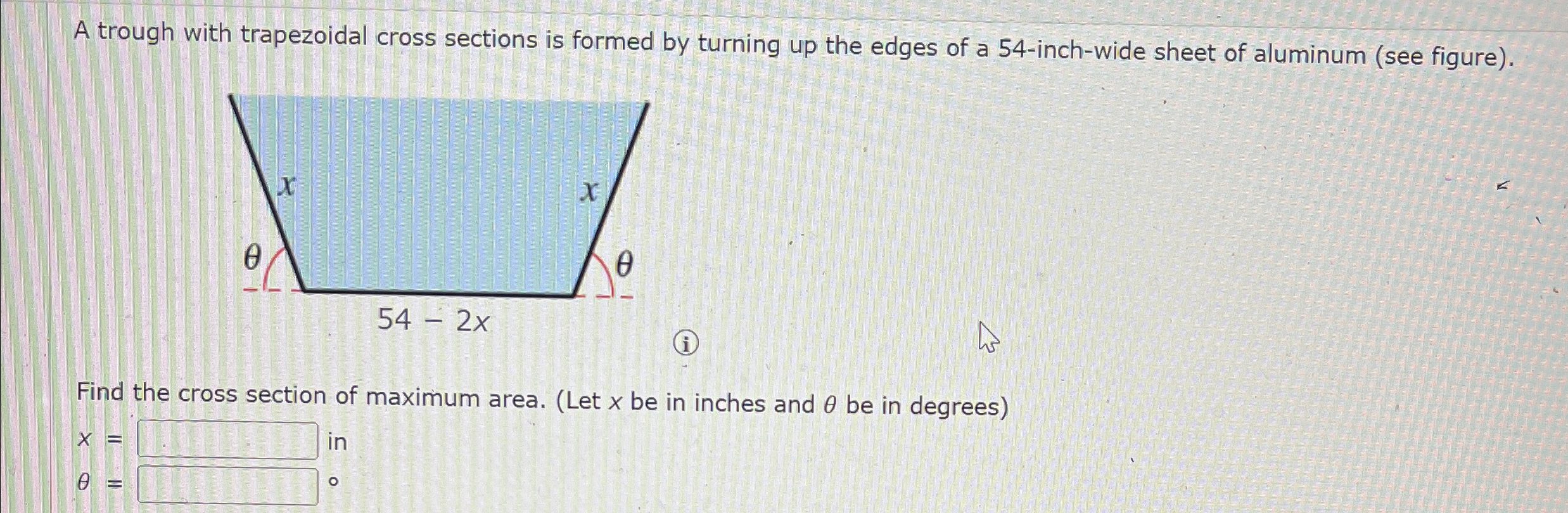 Solved A trough with trapezoidal cross sections is formed by | Chegg.com