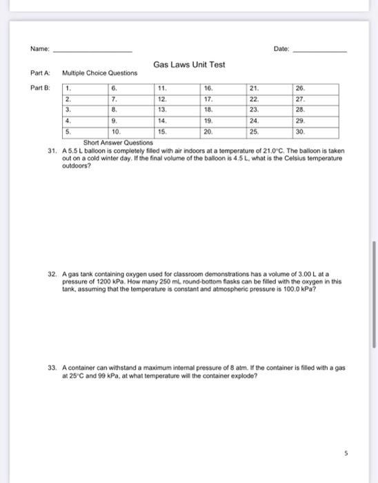 Solved Name: Part A: Part B: Date: Gas Laws Unit Test | Chegg.com