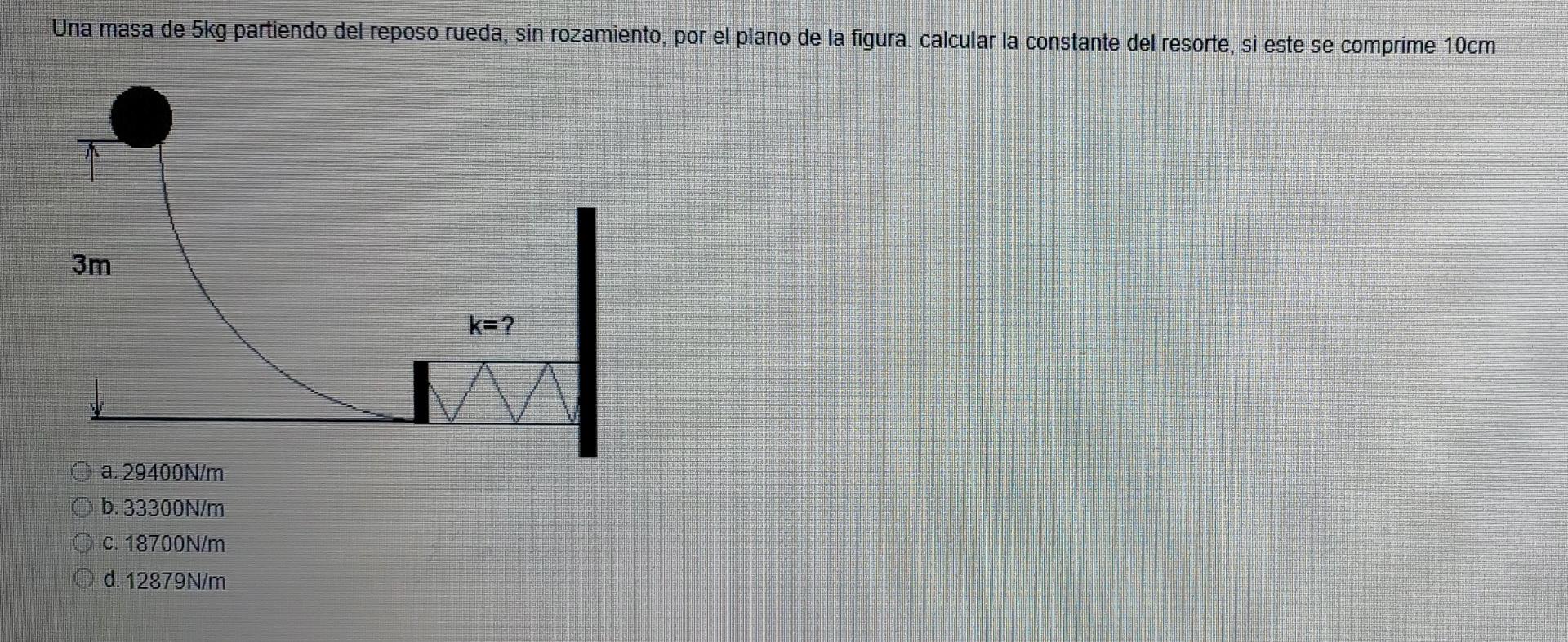 Una masa de 5kg partiendo del reposo rueda, sin rozamiento, por el plano de la figura, calcular la constante del resorte, si