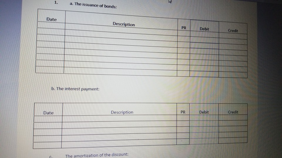 1. a. the issuance of bonds: date description pr debit credit b. the interest payment: date description pr debit debit credit