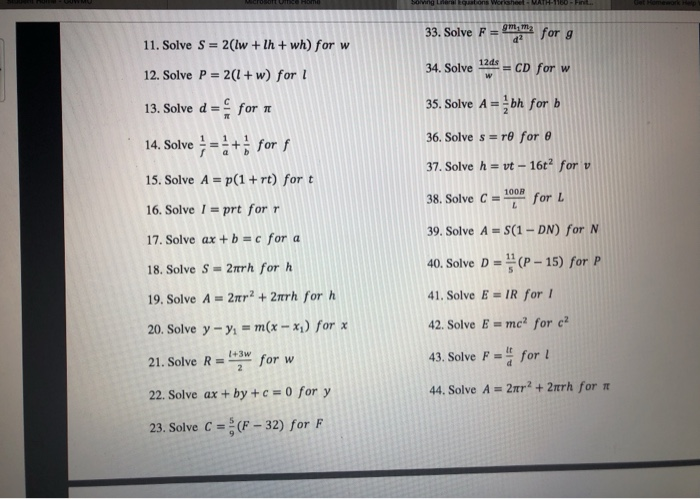 Solved 33 Solve F 9mma For G 11 Solve S 2 Lw Lh Chegg Com