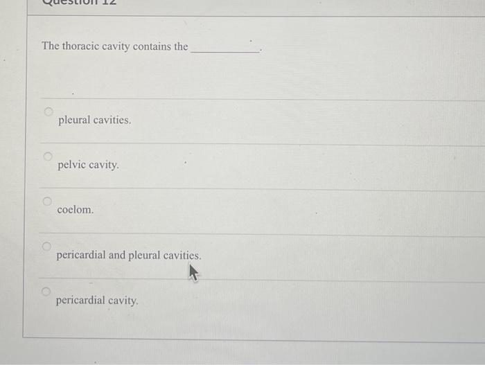 The thoracic cavity contains the
pleural cavities.
pelvic cavity.
coelom.
pericardial and pleural cavities.
pericardial cavit