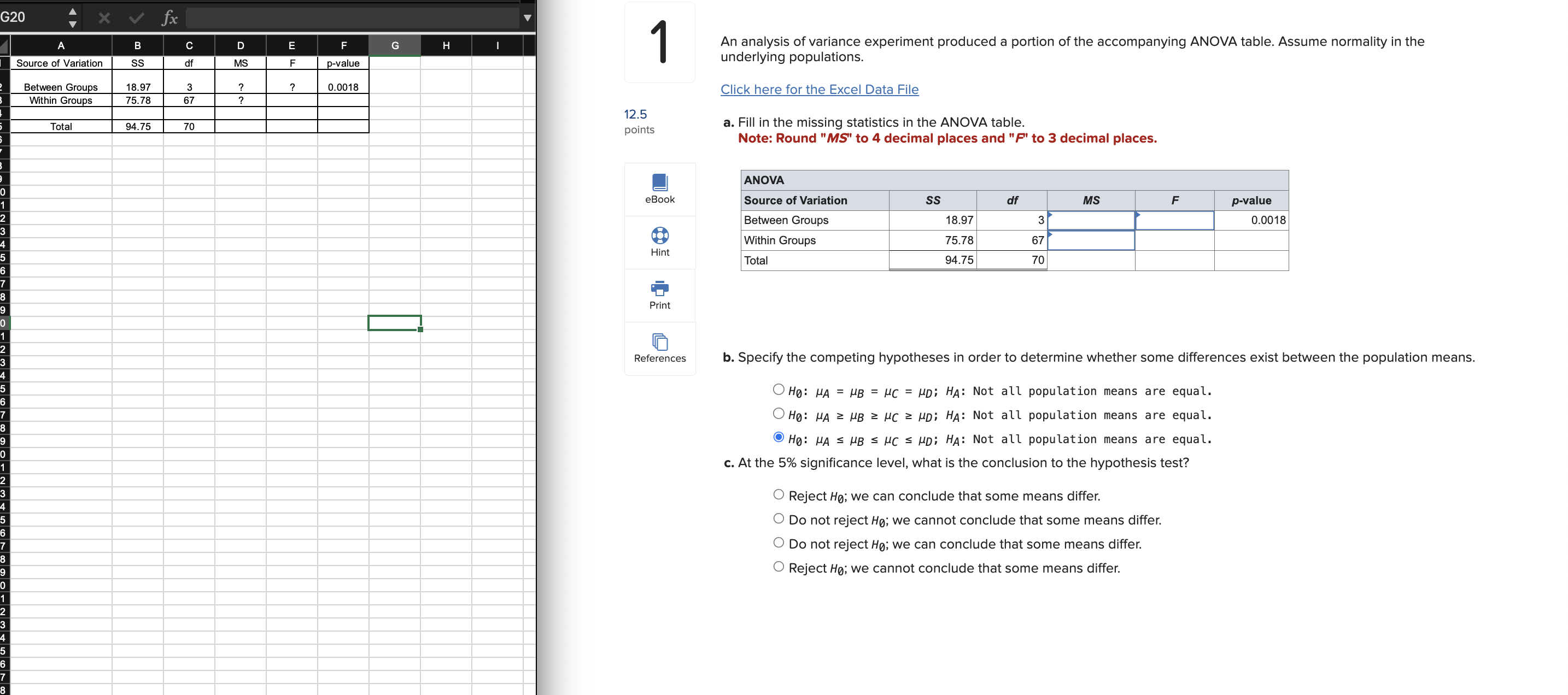 Solved An Analysis Of Variance Experiment Produced A Portion | Chegg.com