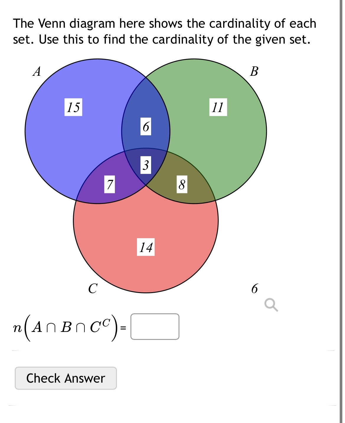 Solved The Venn diagram here shows the cardinality of each | Chegg.com