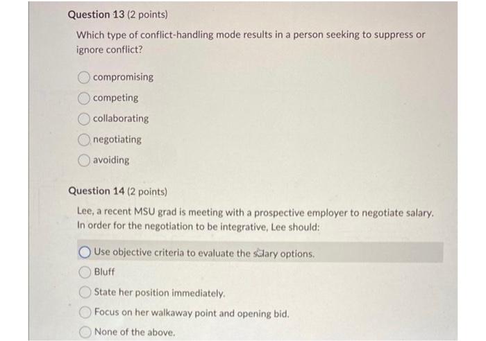Solved Which of the following conflict-handling modes might | Chegg.com