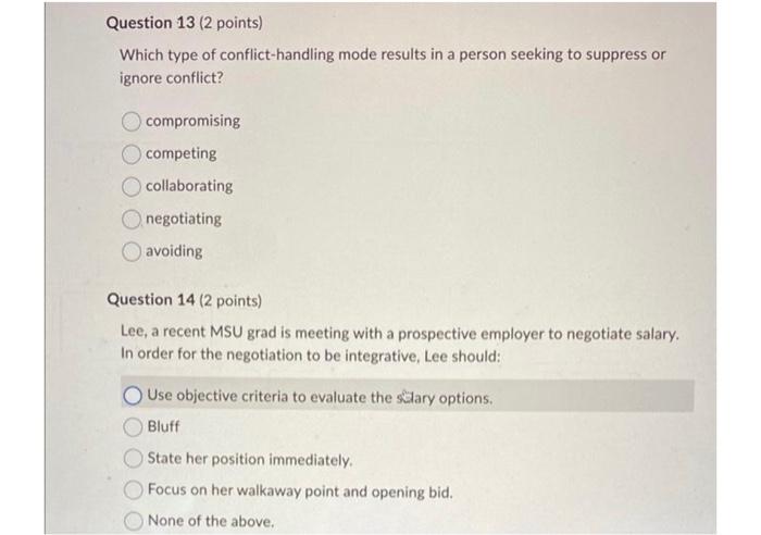 Solved Which of the following conflict-handling modes might | Chegg.com