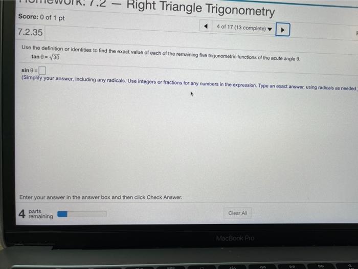 Solved Right Triangle Trigonometry Score: 0 of 1 pt 4 of 17 | Chegg.com