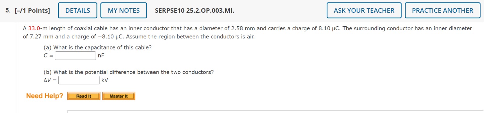 Solved A 33.0-m length of coaxial cable has an inner | Chegg.com