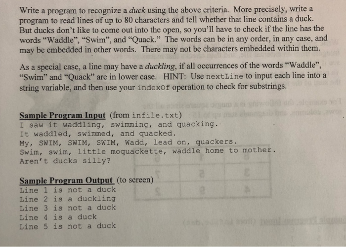 Solved Write a program to recognize a duck using the above | Chegg.com